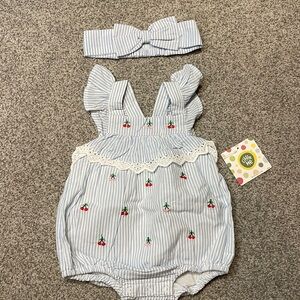 Little Me Blue and White Striped Baby Romper with Cherry Detail woven Bubbles 12
